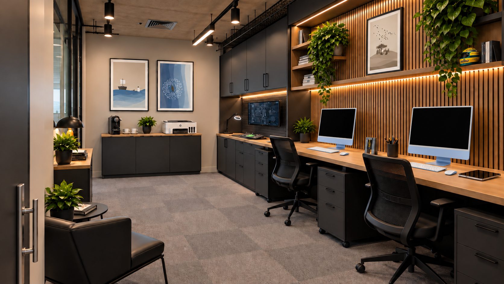 Conceito do escritório Teamtech, com estações iMac azuis, bancada de manutenção e espaço de café